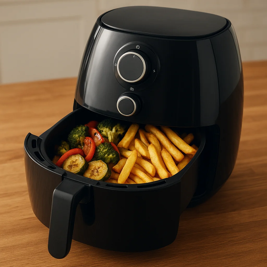 Black air fryer filled with crispy fries and roasted vegetables on a kitchen counter